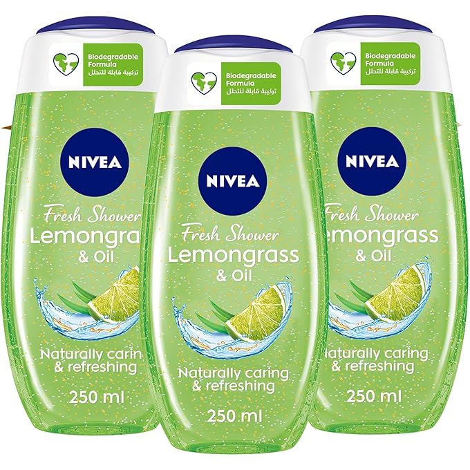 جل الاستحمام NIVEA Lemongrass & Oil، لآلئ زيت العناية، رائحة عشب الليمون، 3x250 مل